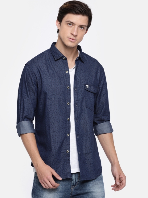 

John Players Navy Printed Trim Fit Denim Shirt, Navy blue