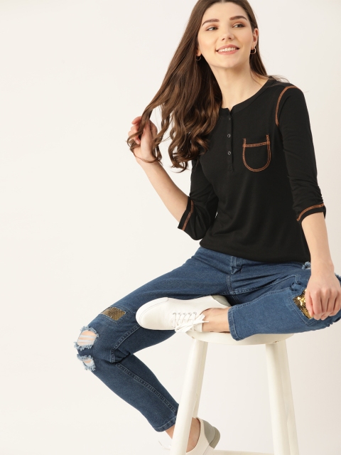 

DressBerry Black Pocket Detailing Mandarin Collar Top