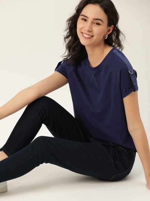 

DressBerry Women Navy Blue Pure Cotton Solid Round Neck T-shirt