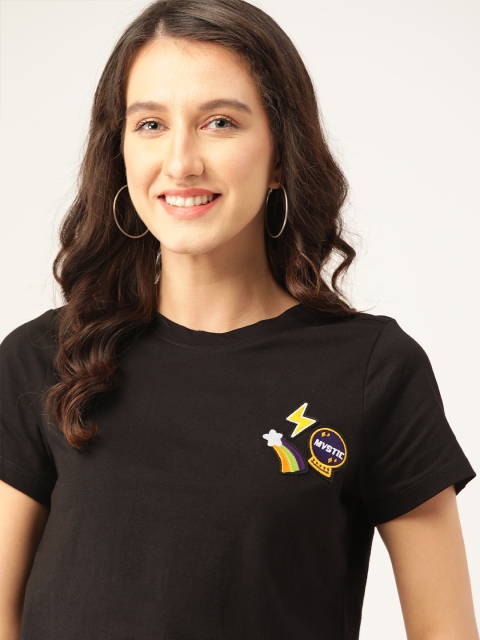 

DressBerry Women Black Applique Detail Round Neck T-shirt