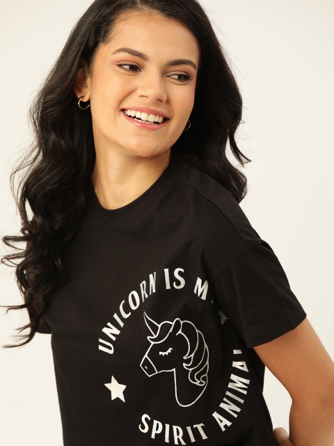 

DressBerry Women Black Printed Round Neck Pure Cotton Crop Boxy T-shirt