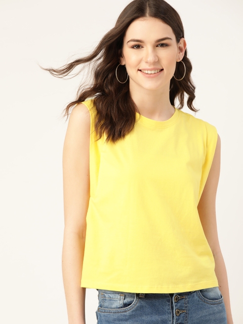 

DressBerry Women Yellow Solid Pure Cotton Round Neck T-shirt