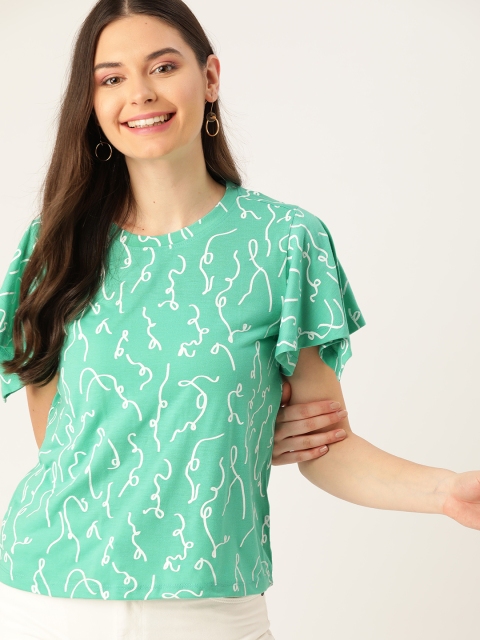 

DressBerry Green & White Printed Flared Sleeves Top