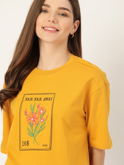 

DressBerry Women Mustard Yellow & Black Boxy Pure Cotton Printed Round Neck T-shirt