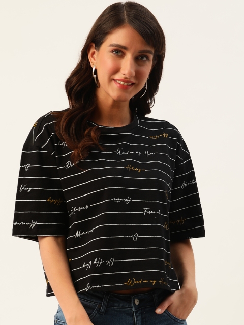 

DressBerry Women Black & White Striped Round Neck T-shirt