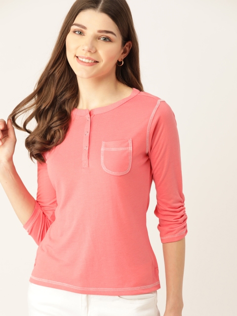 

DressBerry Pink Pocket Detailing Henley Neck Top
