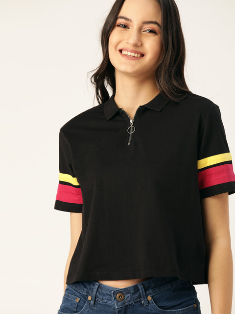 

DressBerry Women Black Solid Polo Collar T-shirt