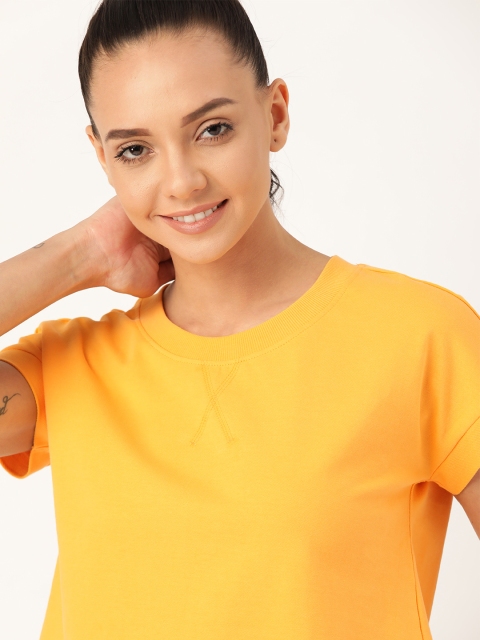 

DressBerry Women Yellow Solid Round Neck Pure Cotton Crop Boxy Pure Cotton T-shirt