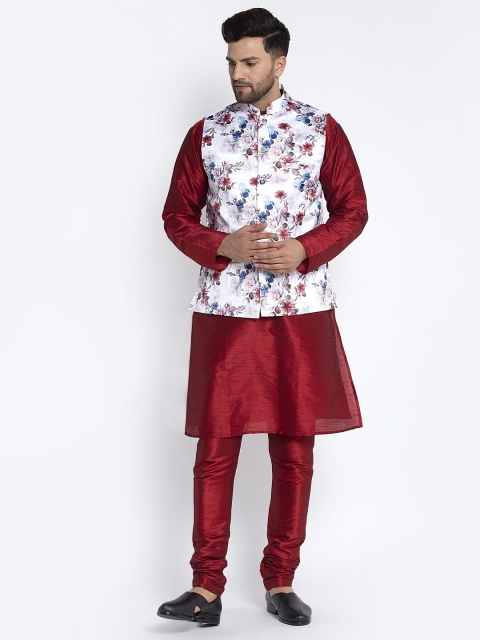 

Benstoke Men Maroon & Off-White Solid Kurta with Pyjamas & Nehru Jacket
