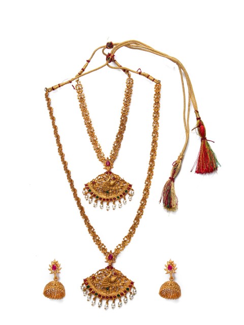 

Alankruthi Gold-Plated Red & Green Stone-Studded Temple Jewellery Set