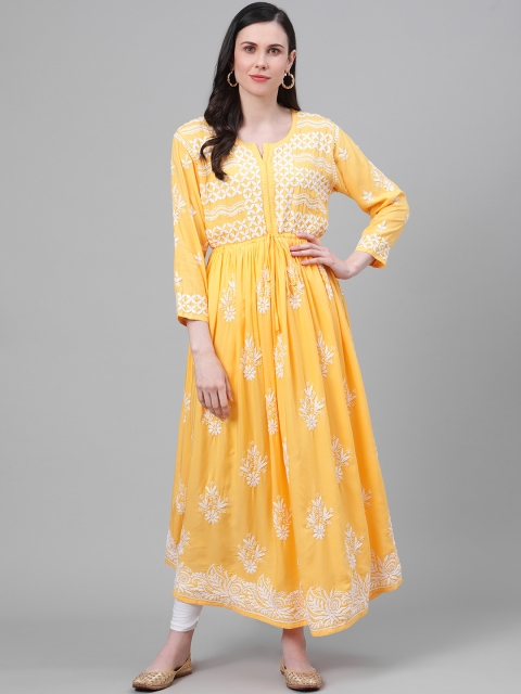 

ADA Women Mustard Yellow & White Chikankari Hand Embroidered Cotton A-Line Kurta