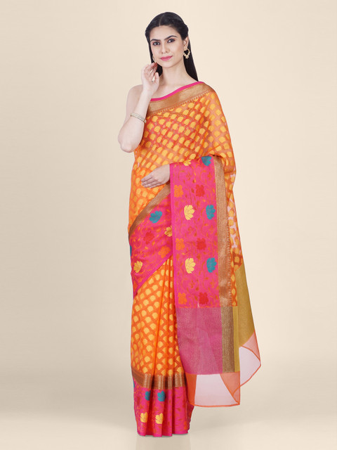 

Shruti and Mangaaysh Orange Silk Blend Printed Handloom Banarasi Saree