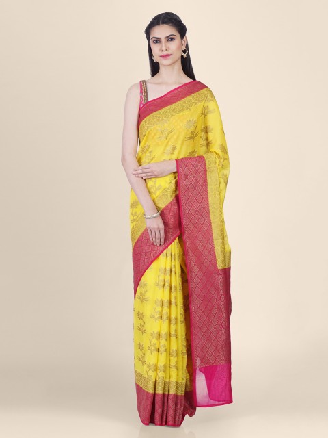 

Shruti and Mangaaysh Yellow & Pink Silk Blend Woven Design Banarasi Handloom Saree