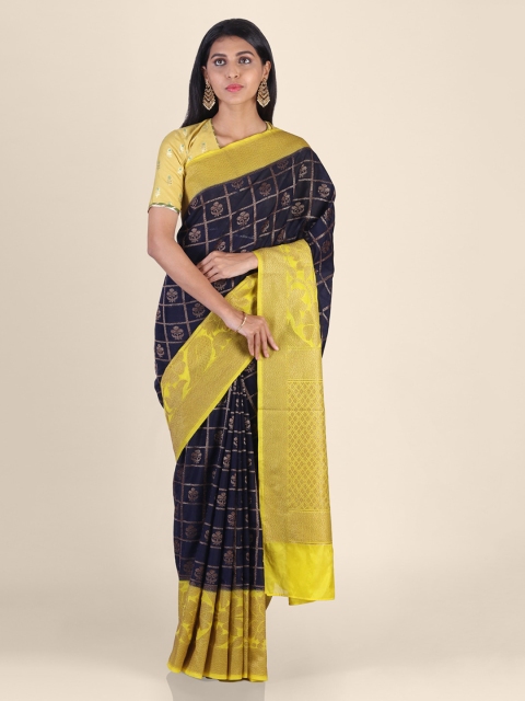 

Shruti and Mangaaysh Navy Blue & Yellow Silk Blend Woven Design Banarasi Handloom Saree