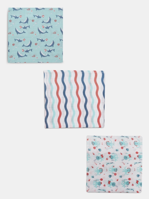 

Kaarpas Infant Set Of 3 Blue & White Printed Organic Cotton Muslin Swaddle