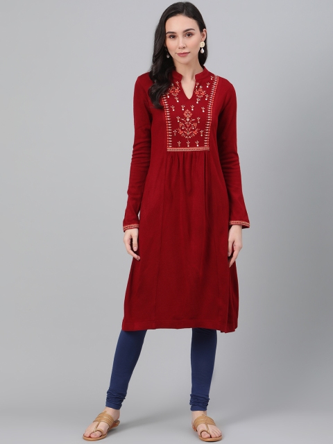 

Biba Women Red Yoke Design Straight Winter Kurta