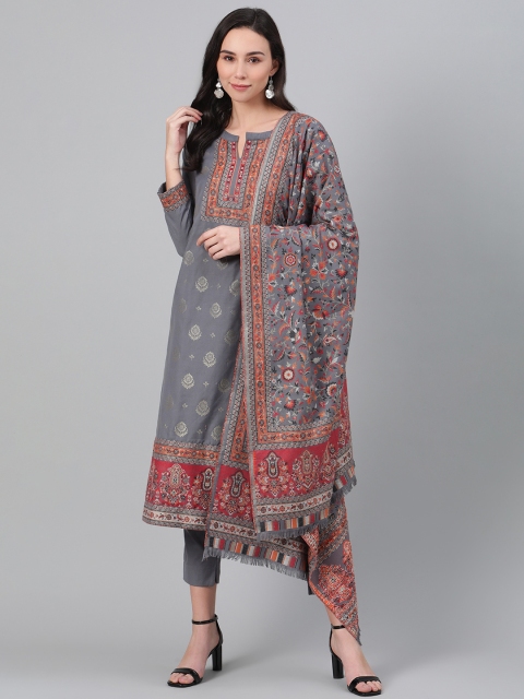 

Biba Women Charcoal Grey & Red Woven Design Winter Kurta with Trousers & Dupatta