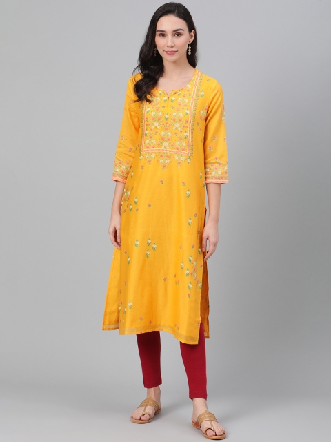 

Biba Women Yellow & Green Printed Straight Kurta
