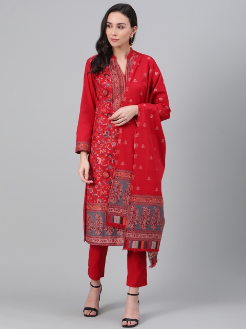 

Biba Women Red Woven Design Winter Kurta with Trousers & Dupatta