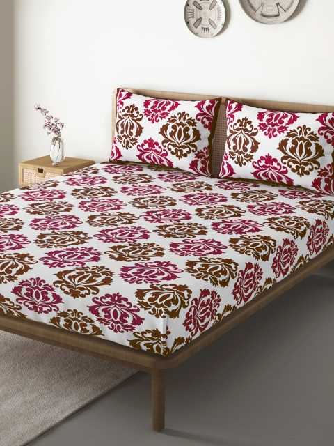 

Aura White & Maroon Ethnic Motifs 104 TC Cotton 110 GSM Queen Bedsheet with Pillow Covers