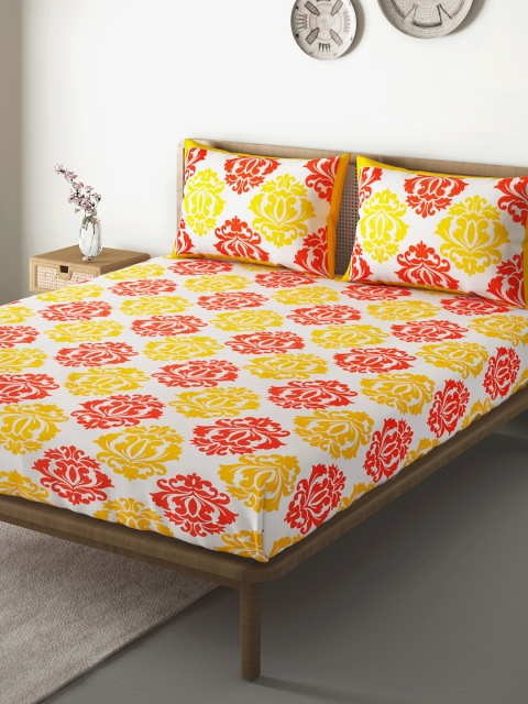 

Aura White Ethnic Motifs 104 TC 110 GSM Cotton 1 Queen Bedsheet with 2 Pillow Covers