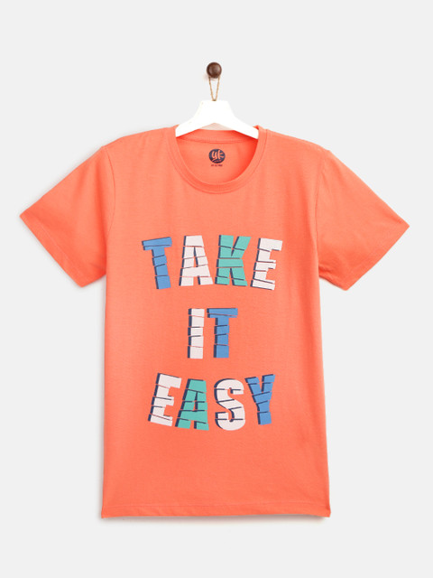

YK Boys Coral Orange White Typography Print Round Neck Pure Cotton T-shirt
