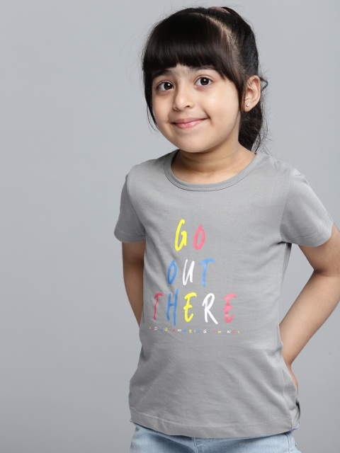 

YK Girls Grey Yellow Typography Print Round Neck Pure Cotton T-shirt
