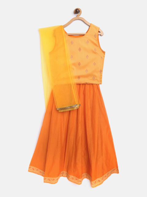 

YK Girls Orange & Mustard Ethnic Motifs Print Ready to Wear Lehenga with Blouse & Dupatta