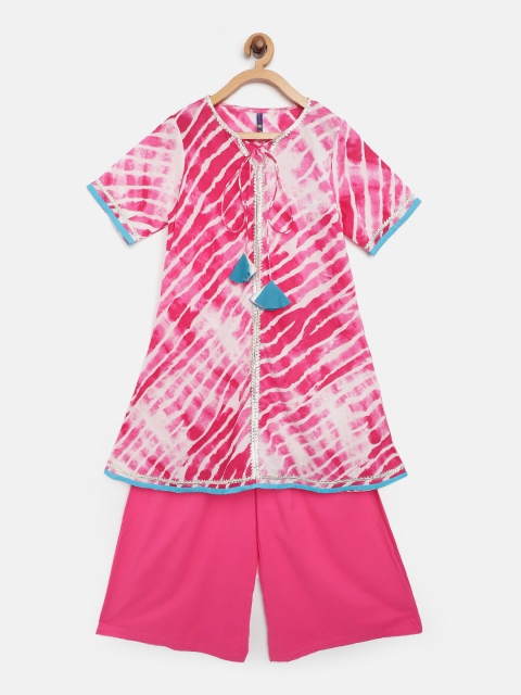 

YK Girls Pink & White Pure Cotton Leheriya Print Kurta with Solid Palazzos