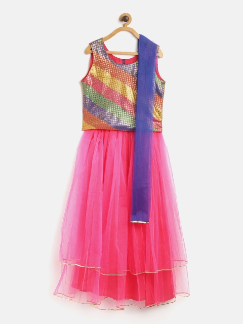

YK Girls Pink & Gold-Toned Embroidered Ready to Wear Lehenga & Blouse with Dupatta