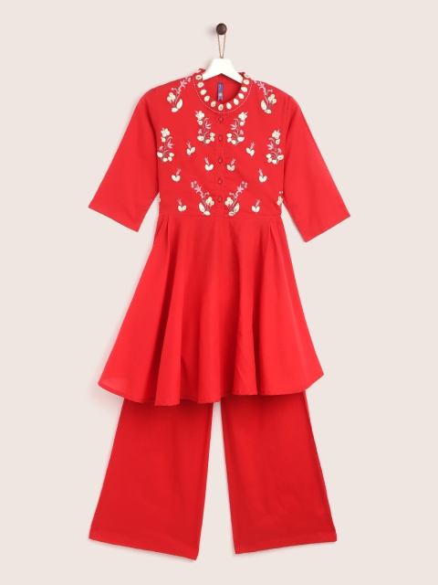 

YK Girls Red & Beige Embroidered Mirror Work Kurta with Solid Palazzos