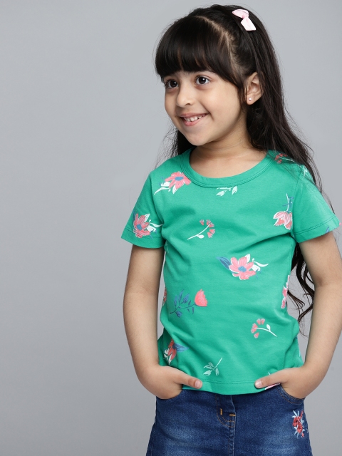 

YK Girls Green & Pink Pure Cotton Floral Print Round Neck T-shirt