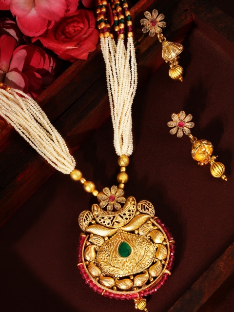 

Rubans 24K Gold-Plated & Off-White Stone Studded Floral Handcrafted Multi String Jewellery Set
