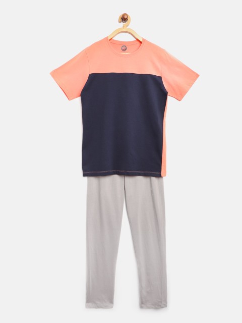 

YK Boys Navy Blue & Grey Melange Colourblocked Pure Cotton Night Suit