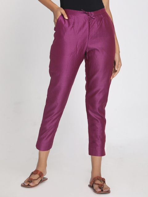 

Nakshi Women Purple Straight Fit Solid Chanderi Silk Cigarette Trousers