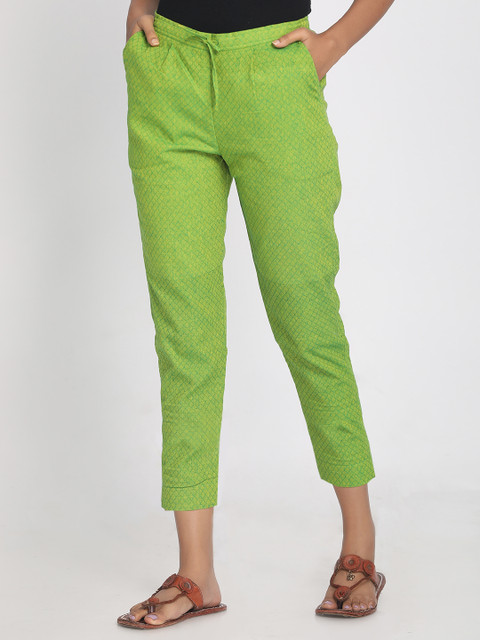 

Nakshi Women Green Straight Fit Self Design Regular Trousers