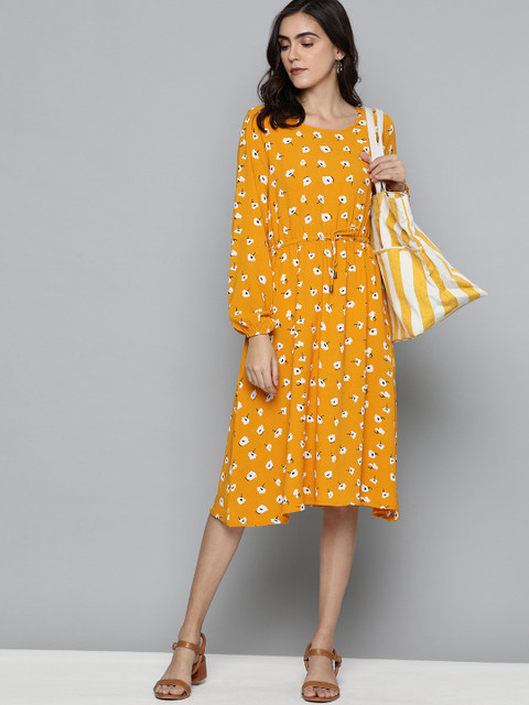 

Chemistry Women Mustard Yellow Floral Printed A-Line Dress
