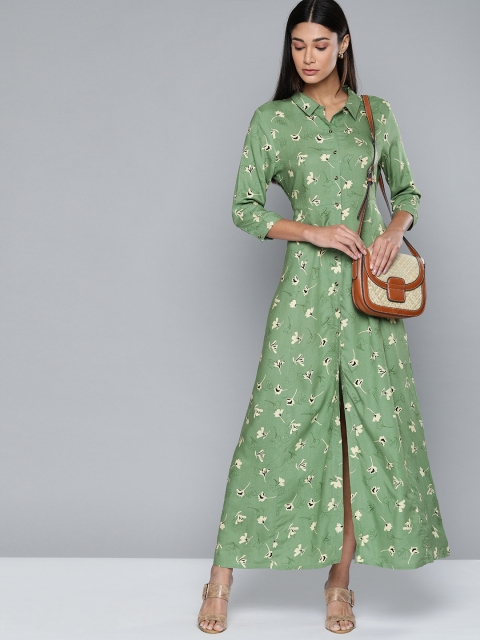 

Chemistry Women Green & Off-White Floral Printed Maxi Dress