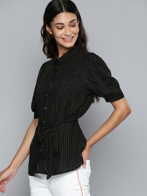 

Chemistry Women Black & White Regular Fit Striped Casual Shirt With Tie-Ups