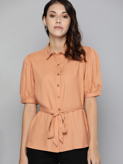 

Chemistry Women Coral Regular Fit Solid Belted Casual Shirt