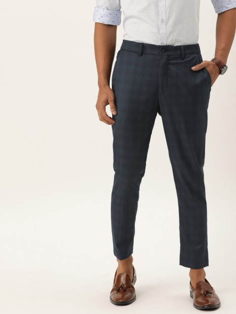 

Peter England Men Navy Blue Carrot Fit Checked Formal Trousers