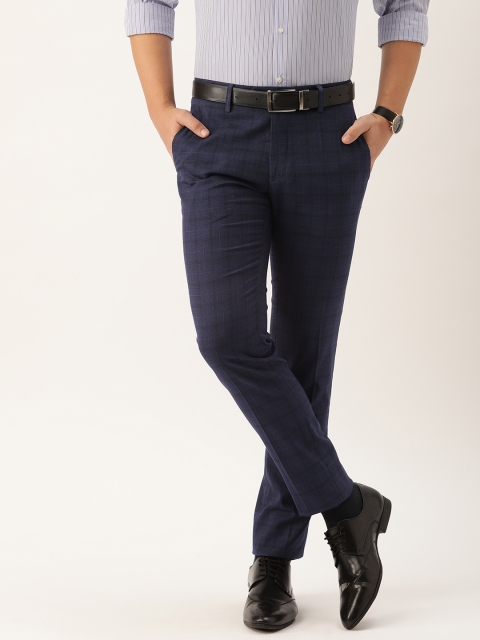 

Peter England Men Navy Blue & Black Slim Fit Checked Formal Trousers