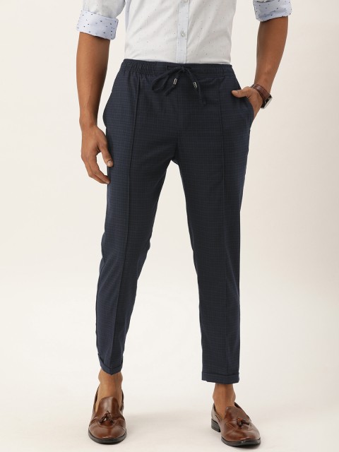 

Peter England Men Navy Blue Carrot Fit Checked Formal Trousers