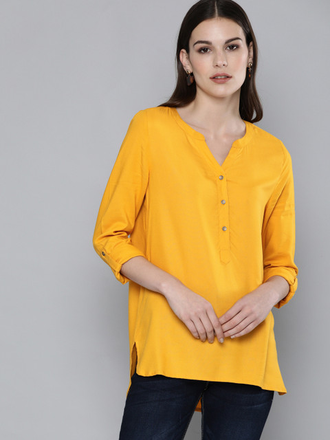 

Chemistry Mustard Yellow Solid Roll-Up Sleeves Shirt Style High Low Top