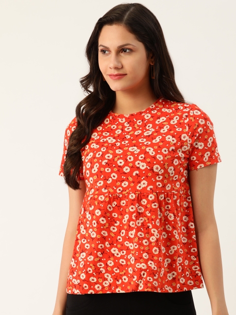 

Chemistry Orange & Off White Floral Printed Pure Cotton A-Line Top