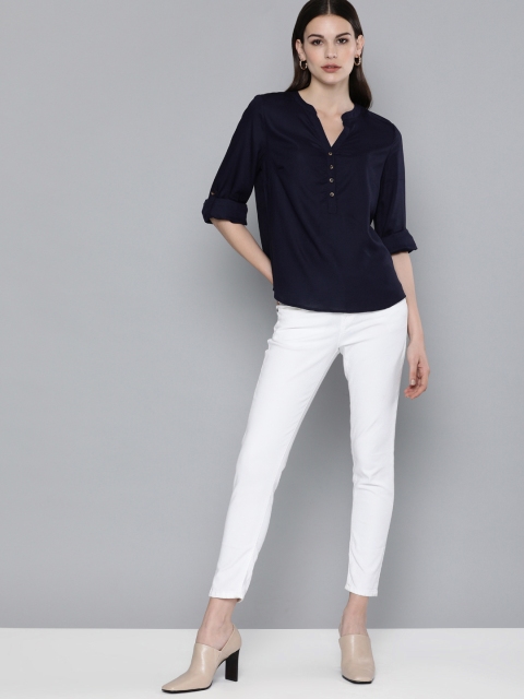 

Chemistry Navy Blue Solid Roll-Up Sleeves Shirt Style Top