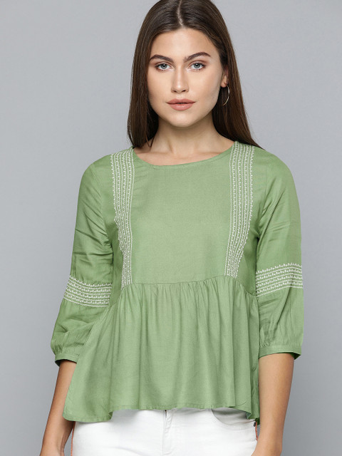 

Chemistry Women Green Solid Gathered A-Line Top with Embroidery