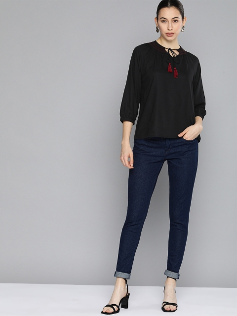 

Chemistry Women Black Tie-Up Neck Bishop Sleeves Top