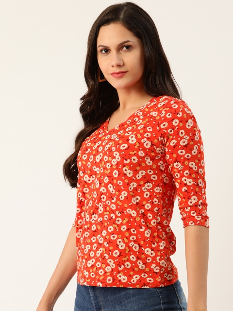 

Chemistry Women Orange Printed Cotton V-Neck T-shirt