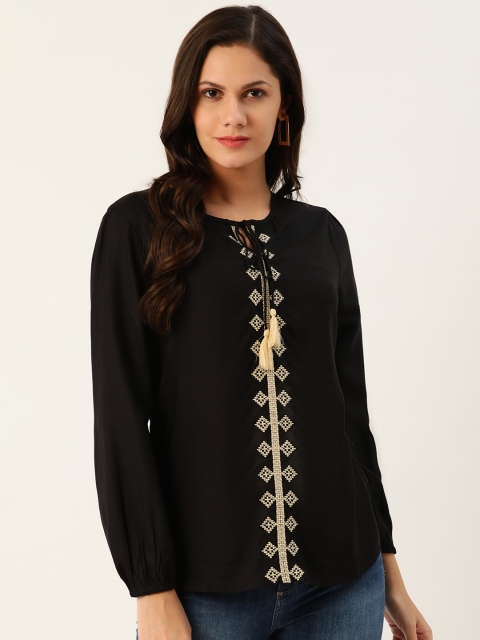 

Chemistry Black Embroidered Tie-Up Neck Regular Top